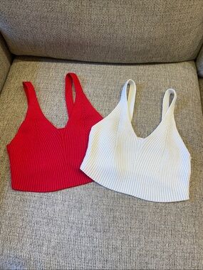 SHEIN Red & White Ribbed V-Neck Crop Tops